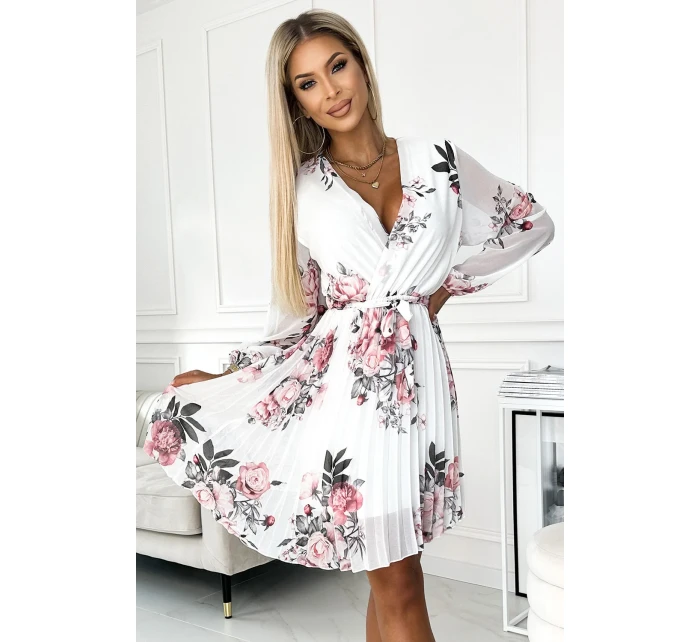 Bílé dámské plisované šaty se vzorem výstřihem, dlouhými rukávy a páskem model 22077518 - numoco basic