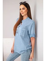 Dámská košilová bavlněná halenka s krátkým rukávem a kapsou jeansová