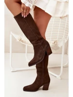 Semišové Kozačky Na Podpatku Zip Čokoládové model 21705071 - Boto