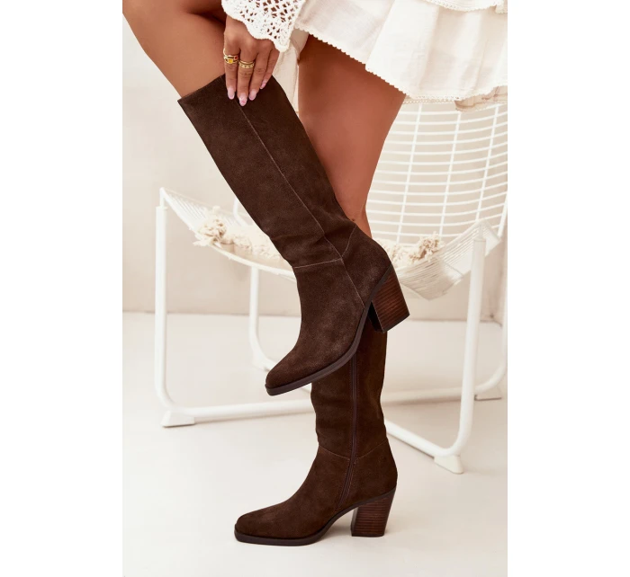 Semišové Kozačky Na Podpatku Zip Čokoládové model 21705071 - Boto