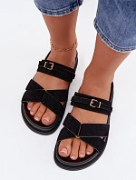 Dámské pantofle s pásky a zlatým přezkou Černé Selorina