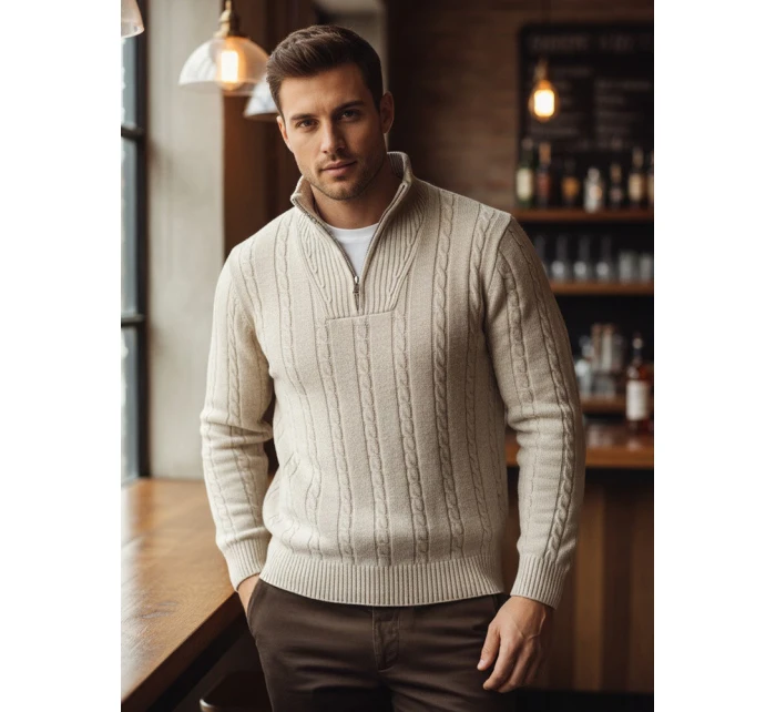 Pánský svetr se stojáčkem béžový FashionStreet WX2327 Pánský svetr se stojáčkem béžový FashionStreet WX2327