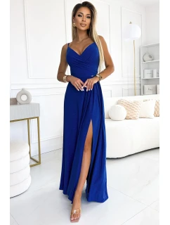 CHIARA Elegantní dlouhé dámské maxi šaty v chrpové barvě s brokátem na ramínkách model 20091452 - numoco