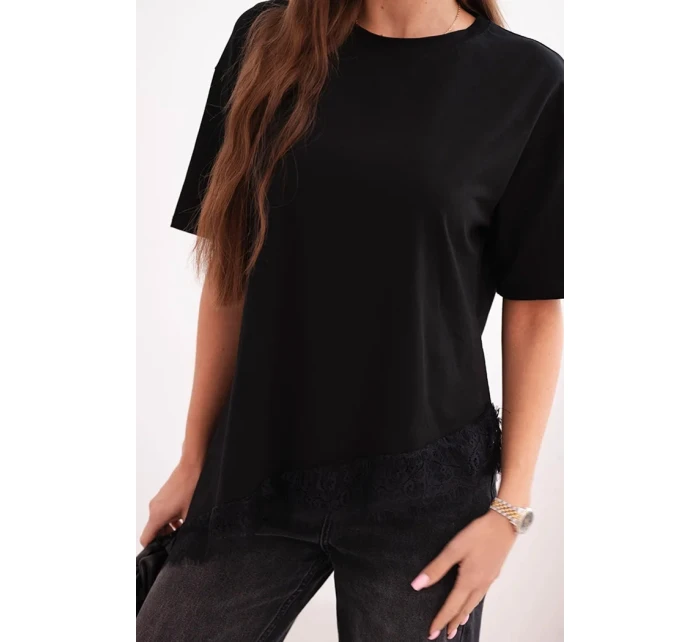 Dámská asymetrická bavlněná blůza s krajkou dole černá Dámská asymetrická bavlněná blůza s krajkou dole černá