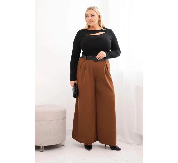 Dámské kalhoty Plus Size se širokou nohavicí a páskem čokoládové