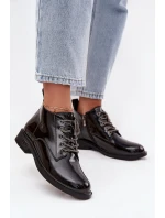 Kožené lakované dámské kotníčkové boty s ozdobným šněrováním D&A MR52-124 Černé