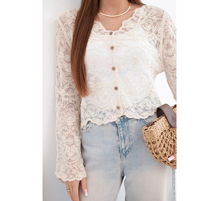 Dámský bavlněný krajkový svetr zapínaný na knoflíky s dlouhým rukávem béžový