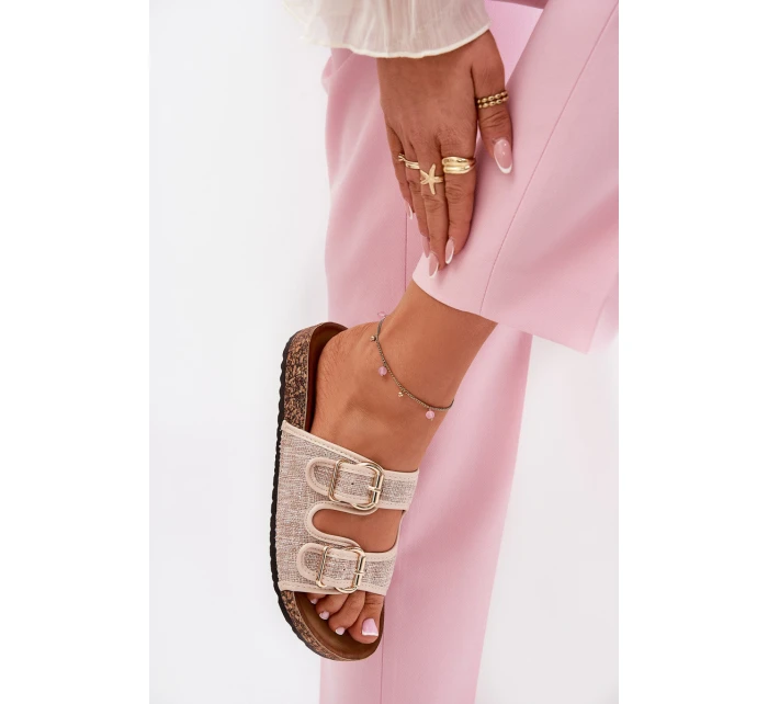 Dámské Textilní Pantofle Na Korek Platformě S Přezkami Béžové Osoffe