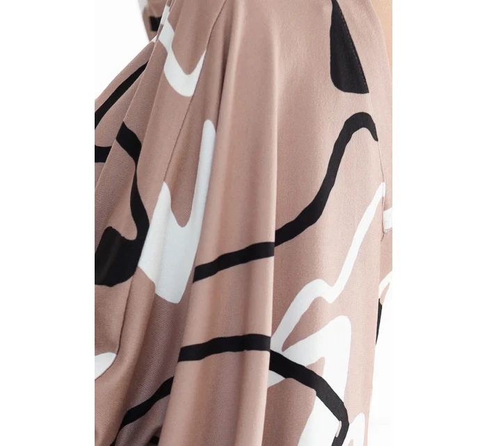 402-8 Svetr pohodlné netopýří šaty s výstřihem - béžové s černobílým vzorem