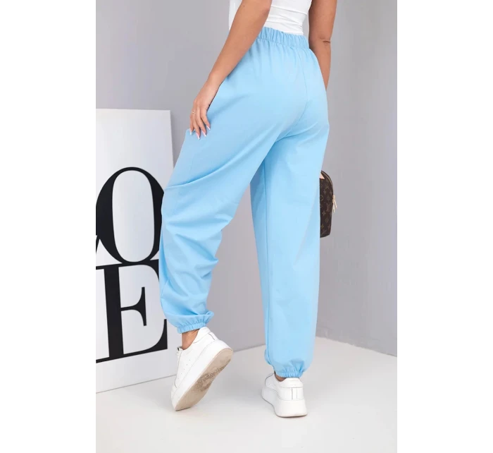 Dámské bavlněné kalhoty s vysokým pasem a ozdobným knoflíkem modré Dámské bavlněné kalhoty s vysokým pasem a ozdobným knoflíkem modré