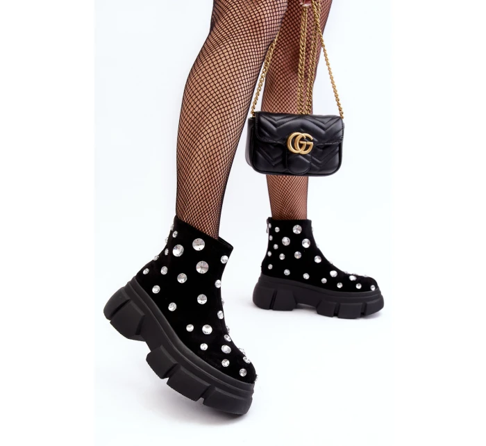 Kožené semišové zateplené obuv s krystaly D A Černé Damskie model 21636887 - S.Barski