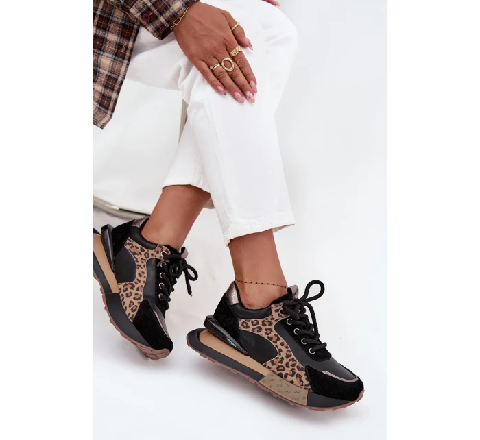 Dámské kožené tenisky na platformě s leopardím vzorem Artiker – černé Dámské kožené tenisky na platformě s leopardím vzorem Artiker – černé
