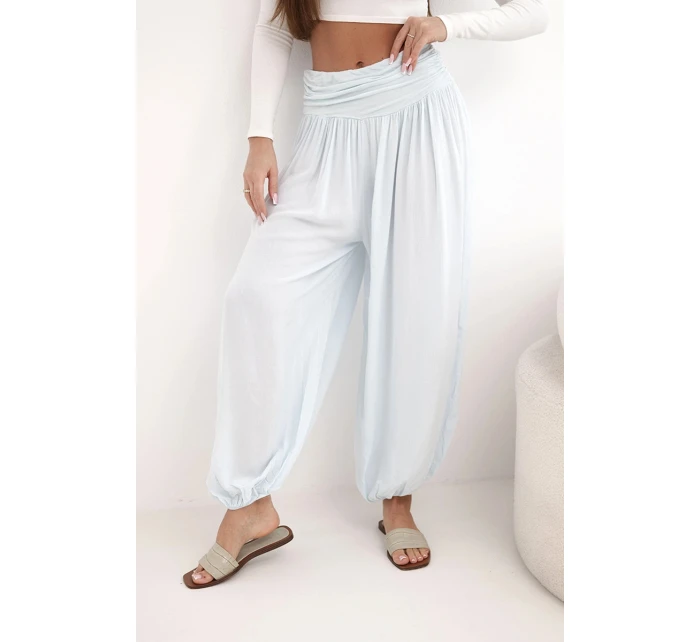 Dámské viskózové kalhoty s širokými nohavicemi a volánky béžový