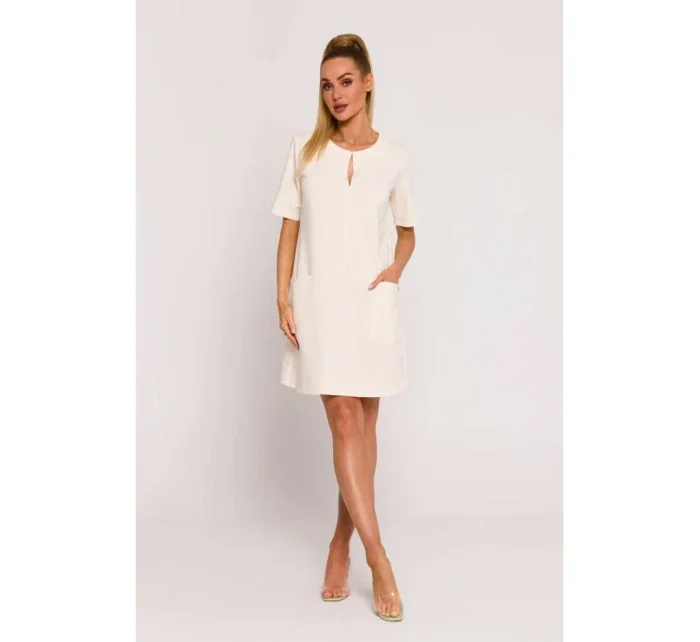 M788 Trapézové šaty s předními kapsami - krémové M788 Trapézové šaty s předními kapsami - krémové