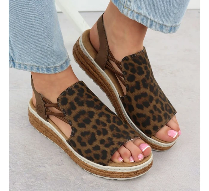 Dámské sandály na platformě s leopardím vzorem v béžové barvě Rieker 62741-90