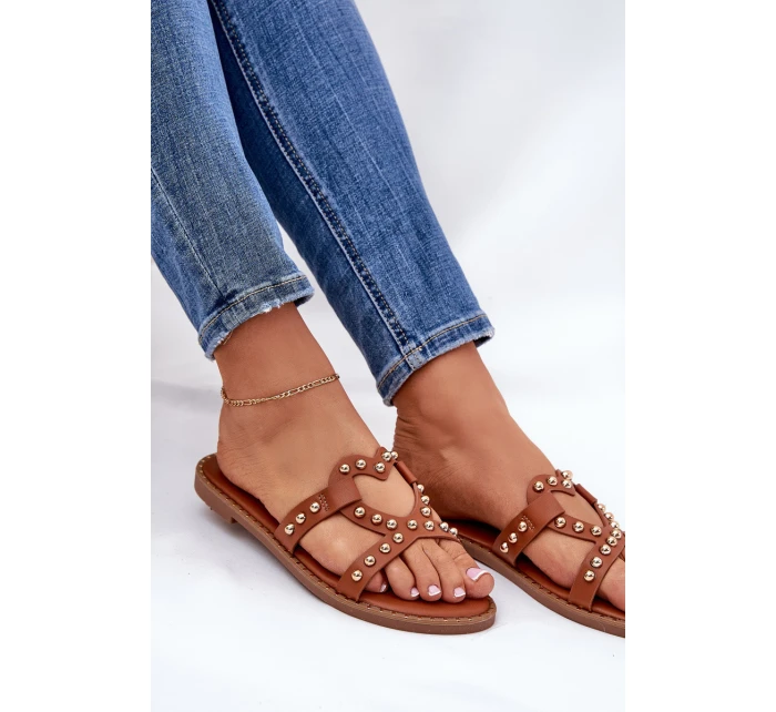 Zdobené Ploché Sandály Dámské Camel Adivrae Zdobené Ploché Sandály Dámské Camel Adivrae