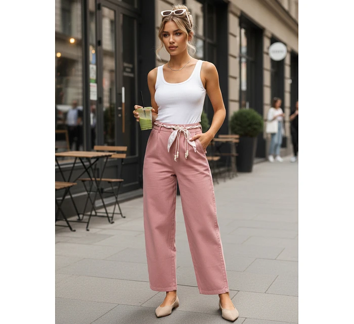 Dámské kalhoty s vysokým pasem a záševky růžové FashionStreet UY2904