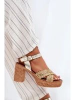 Kožené Sandály Na Podpatku S Pletením Na  Zlaté model 21697421 - Zazoo