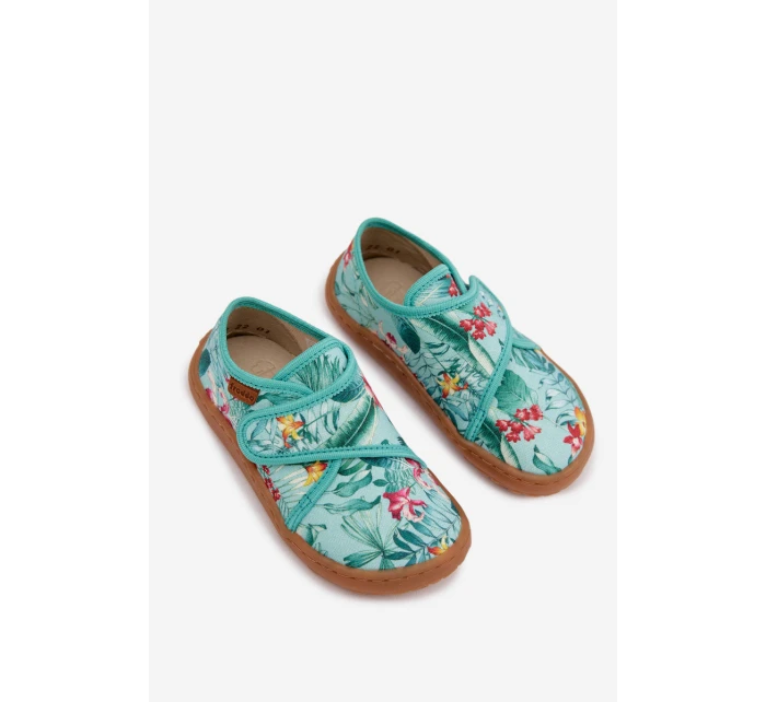 Dětské papuče na suchý zip Barefoot Květiny Listy Froddo G1700438-14 Mentolové