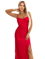 model 22100400 Přiléhavé dlouhé maxi šaty s obálkovým výstřihem a rozparkem červené - numoco basic