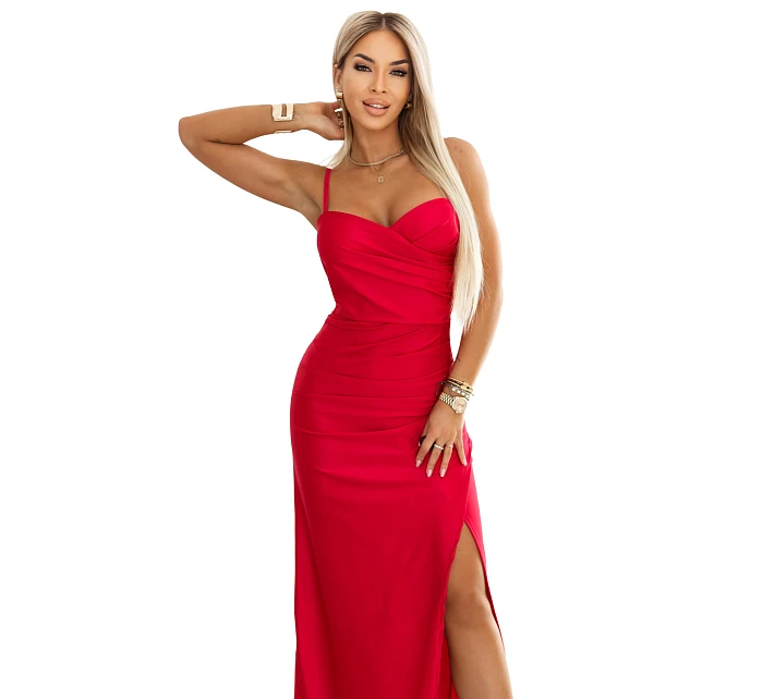 model 22100400 Přiléhavé dlouhé maxi šaty s obálkovým výstřihem a rozparkem červené - numoco basic