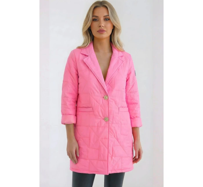 Dámská bunda Plus Size prošívaná s ozdobnými knoflíky a límcem jasno růžová Dámská bunda Plus Size prošívaná s ozdobnými knoflíky a límcem jasno růžová