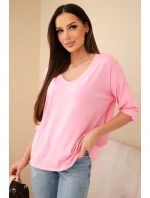 Dámská bavlněná blůza s výstřihem do V a dlouhým rukávem světle růžová