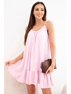 Dámské viskózové šaty na ramínkách s volánem a s páskem na zavazování bonbónově růžová