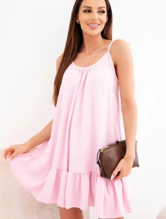 Dámské viskózové šaty na ramínkách s volánem a s páskem na zavazování bonbónově růžová