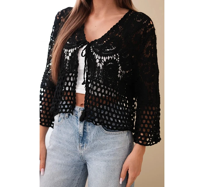 Dámský letní krajkový svetr s knoflíky a dlouhým rukávem černý