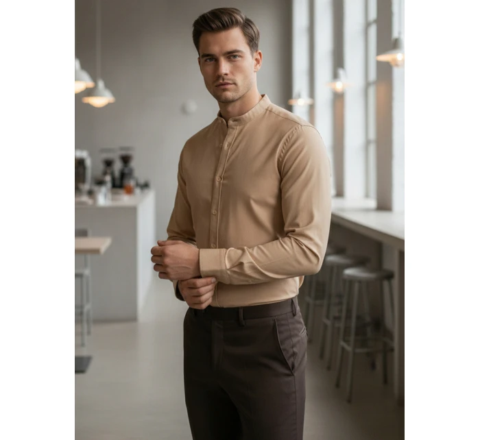 Pánská ležérní béžová košile SLIM FIT se stojáčkem FashionStreet DX2601