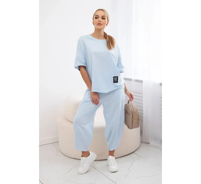 Bavlněný komplet halenka + kalhoty modrý Bavlněný komplet halenka + kalhoty modrý