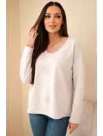 Dámská bavlněná blůza s vyšívanými květy a V výstřihem bežová