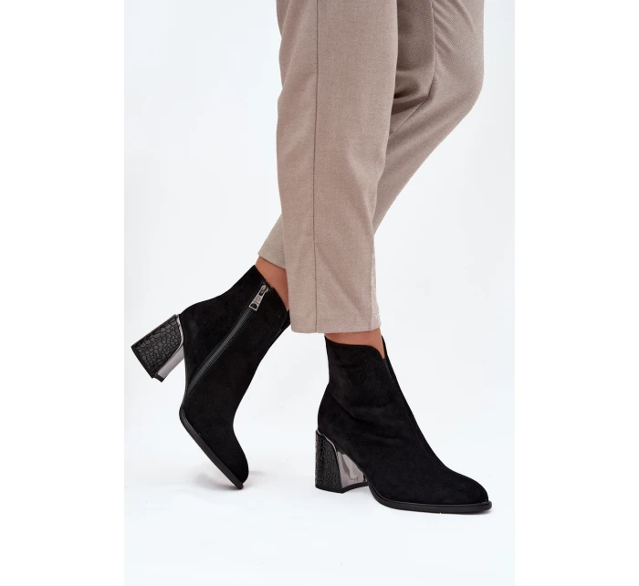 Semišové dámské kotníkové boty na podpatku s rytím zateplené Vinceza 66801 černé