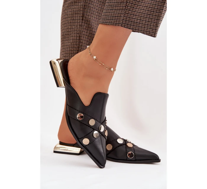 Kožené dámské nazouváky s ozdobnými pásky D&A model 22031828 Černé - S.Barski