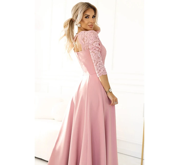 Dámské dlouhé krajkové šaty model 22074821 AMBER pudrově růžové - numoco