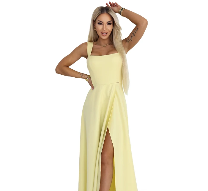 dlouhé šaty s rozparkem a výstřihem typu  žluté s třpytkami model 22092786 - numoco