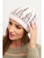 Dámská zimní pletená čepice s ozdobným vzorem K454 ecru + fialový Dámská zimní pletená čepice s ozdobným vzorem K454 ecru + fialový