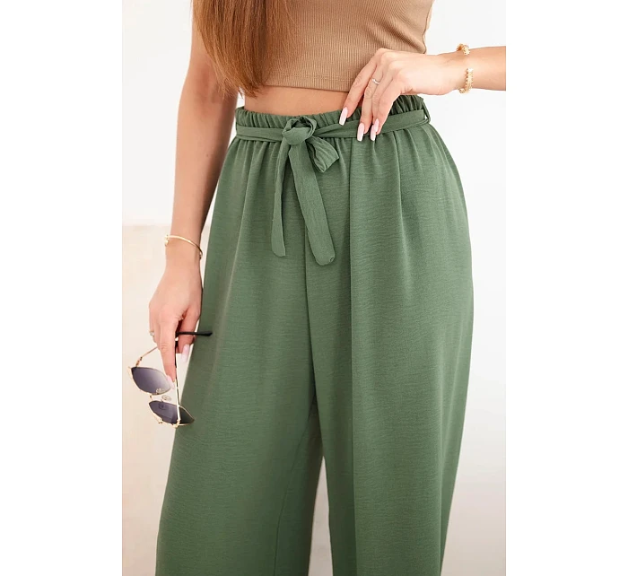 Kalhoty se širokým pasem a zavazováním v pase khaki Kalhoty se širokým pasem a zavazováním v pase khaki