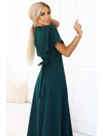 dlouhé šaty s rozparkem na rukávy a výstřihem lahvově zelené model 21291970 - numoco