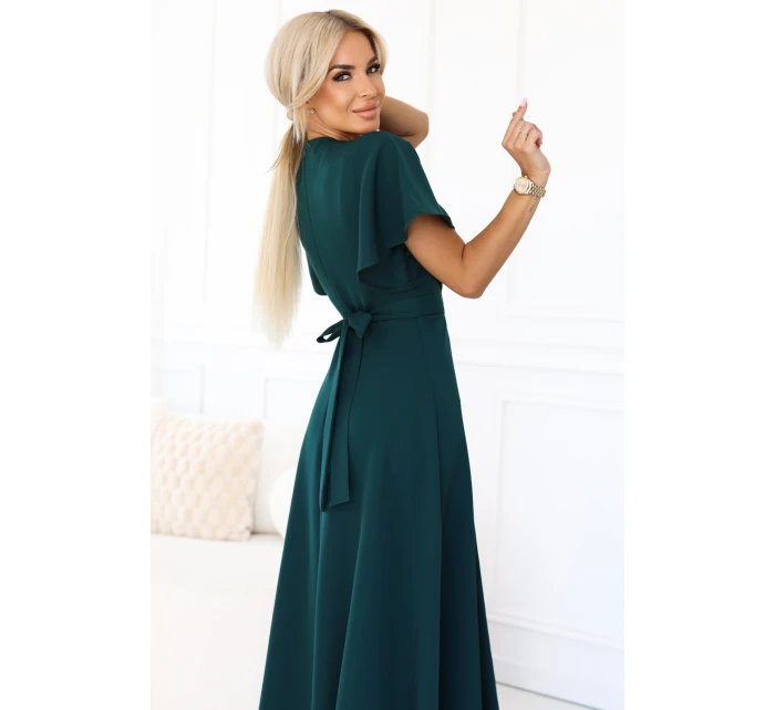 dlouhé šaty s rozparkem na rukávy a výstřihem lahvově zelené model 21291970 - numoco