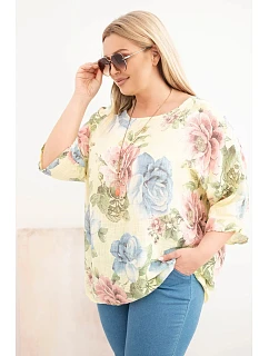 Dámská bavlněná halenka Plus Size s krátkým rukávem a květinovým vzorem žlutá