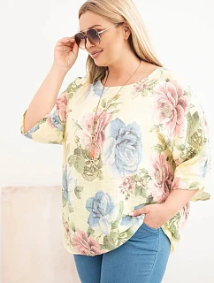 Dámská bavlněná halenka Plus Size s krátkým rukávem a květinovým vzorem žlutá