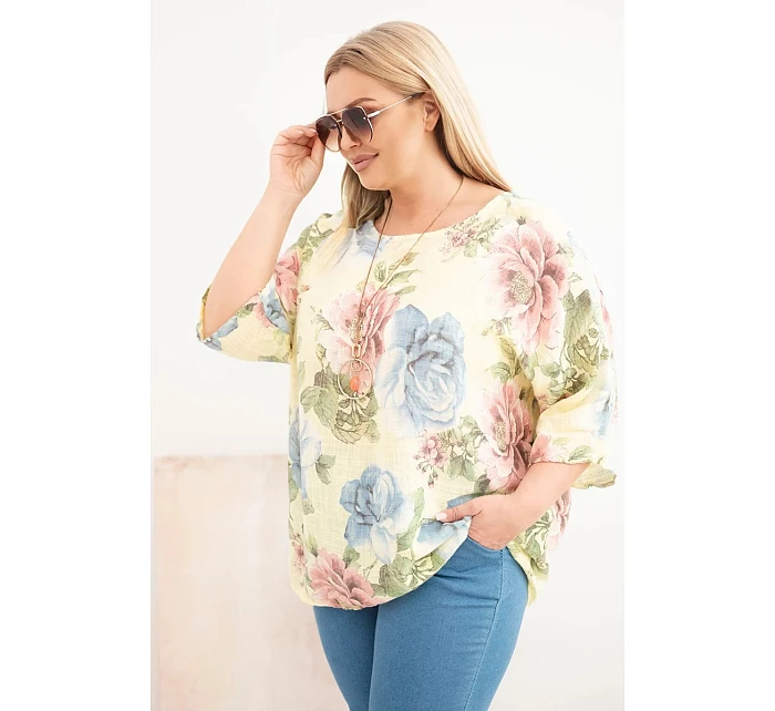Dámská bavlněná halenka Plus Size s krátkým rukávem a květinovým vzorem žlutá