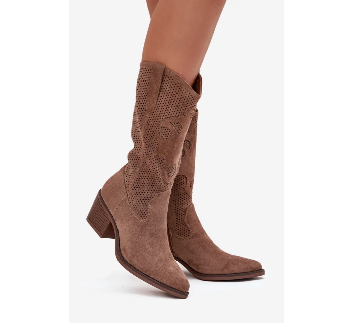 Ažurové Kozačky Na Podpatku Tmavě Béžové model 21708366 - Boto