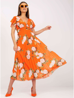 Oranžové květované řasené šaty v midi délce