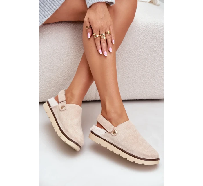 Dámské Pantofle Na Platformě Zateplené Kožíškem Typu Beránek Béžové Sanilora