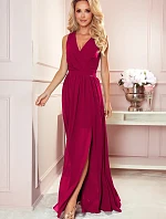 JUSTINE - Dlouhé dámské šaty v bordó barvě s výstřihem a zavazováním 362-5