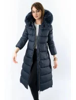 Tmavě modrá dlouhá dámská zimní bunda s kapucí (7688)