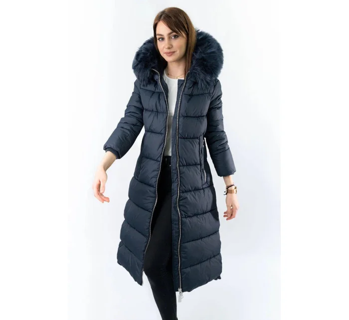 Tmavě modrá dlouhá dámská zimní bunda s kapucí (7688)